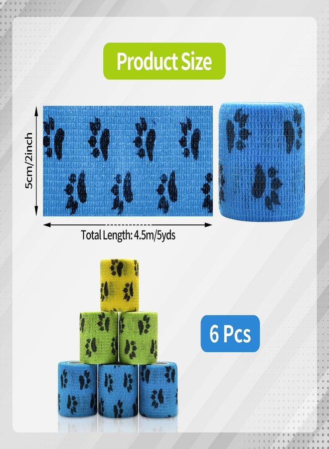 Kreyfer 6 Roll 2 Inch x 5 Yards Paw Print Pet Vet Wrap for Dogs Cats, Cohesive Bandages in Bulk, Colorful Non-Woven Self Adhesive Bandages Wrap Roll for Pet Animals Wound Care, Ankle Sprains and Swelling - Image 2
